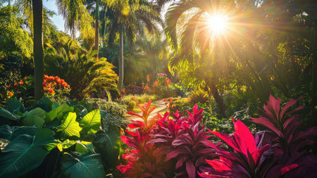 Experience the beauty of a vibrant tropical garden, filled with colorful flowers and lush greenery, illuminated by warm sunlight. A perfect escape into nature.の素材