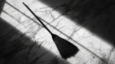 A striking black and white image featuring a cleaning brush resting on a marble surface, highlighted by dramatic shadows and light contrasts, showcasing simplicity and elegance.の素材
