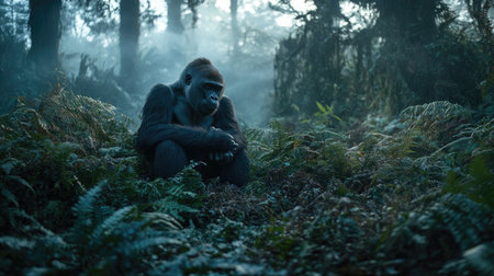 A solitary gorilla sits quietly in a misty forest, surrounded by lush ferns and greenery. The tranquil scene captures the beauty of nature and wildlife.の素材