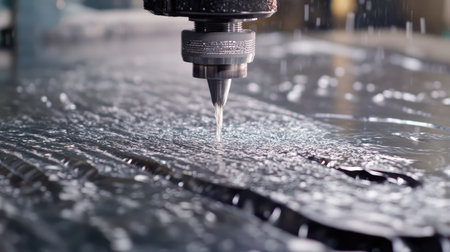 A close-up view of a precision water jet cutting machine executing a detailed cutting process on a metal surface, showcasing vibrant water splashes and advanced technology.の素材
