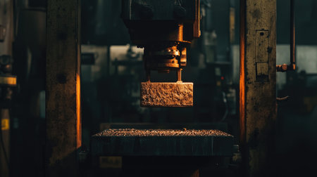 A powerful industrial press machine is shown in operation within a dimly lit workshop, emphasizing the mechanics of metal shaping and manufacturing processes.の素材