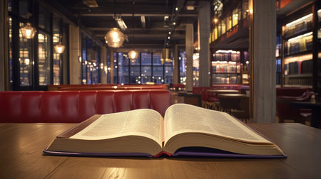An open book rests on a wooden table in a cozy modern library. Warm light fills the space, creating an inviting atmosphere for reading and study.の素材