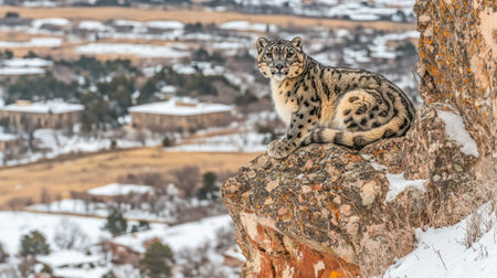 A snow leopard rests gracefully on a rocky ledge, surrounded by a stunning winter landscape. This exotic feline blends beautifully into its snowy environment, showcasing the elegance of wildlife in a peaceful, natural setting.の素材