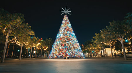 A stunning colorful Christmas tree shines brightly at night, surrounded by illuminated trees and festive decorations in a lively city square, celebrating the holiday spirit.の素材