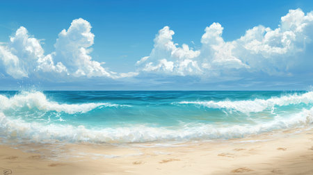 A stunning beach landscape showcasing gentle waves lapping at the shore under a vibrant blue sky filled with fluffy clouds, perfect for relaxation and tranquility.の素材
