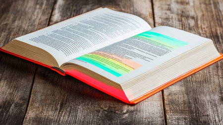 An open book revealing highlighted text in vibrant colors on a rustic wooden surface. This image captures the essence of study and knowledge sharing in an inviting setting.の素材