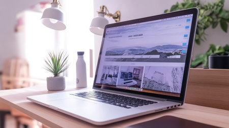 A stylish modern workspace featuring a laptop on a wooden desk, complemented by a small plant and lamps, ideal for productivity and creativity.の素材