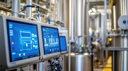 Advanced control systems are showcased in a modern industrial facility, highlighting technology and precision in manufacturing processes and quality control.の素材