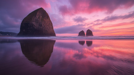 Witness a stunning sunset over the ocean with dramatic rock formations reflected in the calm waters, creating a mesmerizing display of colors and tranquility.の素材