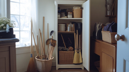 A peaceful storage space featuring an organized cupboard filled with cleaning tools, baskets, and wooden brooms, showcasing a minimalist and tidy interior design.の素材