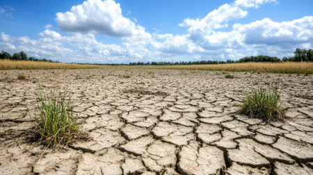 A wide shot of dried cracked earth showcases the effects of drought under a bright blue sky filled with fluffy white clouds.の素材