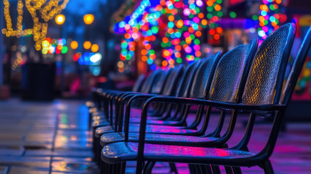 This image features a row of empty outdoor chairs illuminated by colorful holiday lights in an urban setting, creating a vibrant and inviting atmosphere perfect for leisure and gatherings.の素材