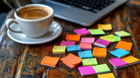 A cozy workspace featuring a cup of coffee next to vibrant sticky notes scattered on a wooden table. Ideal for productivity and creativity.の素材