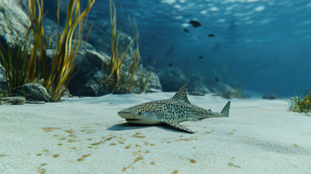 Explore a serene underwater scene featuring a realistic shark gliding gracefully over sandy ocean floor, surrounded by vibrant aquatic life and soothing sunlight.の素材