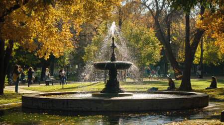 A tranquil park scene featuring a decorative fountain amidst vibrant autumn foliage, inviting visitors to relax in the sunlit environment.の素材
