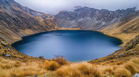 A breathtaking view of a serene mountain lake surrounded by rugged hills and vibrant grasslands. The still waters reflect the overcast sky, creating a tranquil atmosphere ideal for nature lovers.の素材