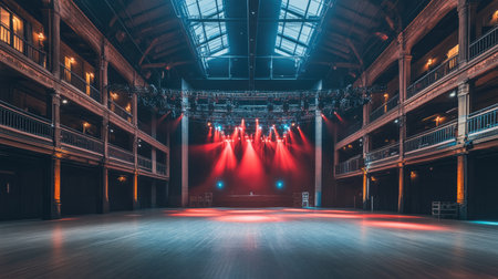 A spacious concert hall featuring dramatic lighting and an empty stage, perfect for various performances, showcasing modern architecture and acoustics.の素材