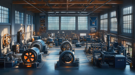 A spacious industrial workshop filled with various machinery and equipment. Natural light streams through large windows, illuminating the innovative workspace.の素材