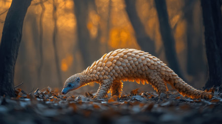 A unique creature strolls through a tranquil forest at sunset, surrounded by autumn leaves. This serene wildlife scene captures the beauty of nature.の素材