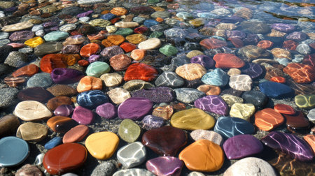 A captivating array of colorful pebbles lies beneath tranquil water, showcasing diverse textures and hues. This natural masterpiece captures the essence of serenity and beauty.の素材