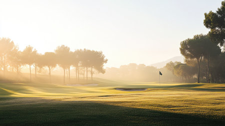 A tranquil scene of a golf course bathed in soft morning light, featuring a green flag and majestic trees in the background, evoking feelings of peace and relaxation.の素材
