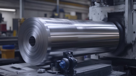 A close-up view of a steel roll on an industrial machine, showcasing the smooth surface and motion. The background is blurred, emphasizing the metal roll's precision in manufacturing.の素材