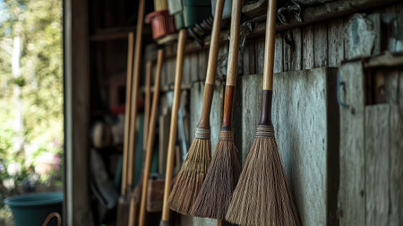 A collection of rustic brooms hangs on a wooden wall in a garden shed, showcasing the charm of simplicity and traditional craftsmanship in a serene outdoor setting.の素材