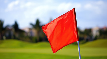 A bright red flag stands tall on a golf course, surrounded by lush green grass. This vibrant image captures the beauty of a sunny day, perfect for outdoor activities.の素材