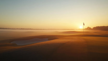 Captivating sunrise over a golf course, featuring a flag gently waving in mist. This tranquil scene captures the beauty of nature at dawn, perfect for relaxation.の素材