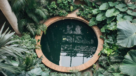 A peaceful circular pool nestled among vibrant tropical foliage, creating a serene oasis. Ideal for relaxation and outdoor mindfulness in lush natural surroundings.の素材