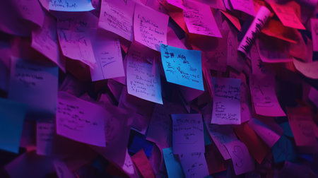 A vibrant collection of colorful sticky notes with handwritten text fills a dark background. This image captures a creative workspace brimming with ideas and organization.の素材