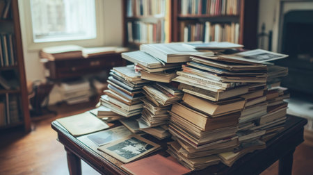 A warm and inviting scene showcasing a stack of vintage books and photographs on a wooden table in a cozy library setting, perfect for evoking nostalgia and creativity.の素材