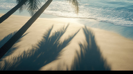 Palm tree shadows dance across a golden sandy beach at sunset, capturing the essence of tranquility and nature's beauty in a tropical paradise.の素材