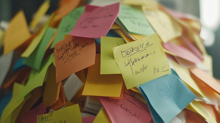 A vibrant collection of sticky notes in various colors creates a lively workspace atmosphere. Ideal for themes of organization, creativity, and productivity.の素材