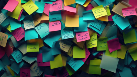 A vibrant collection of colorful sticky notes fills a wall, showcasing various handwritten messages and reminders. This image represents creativity, organization, and inspiration.の素材