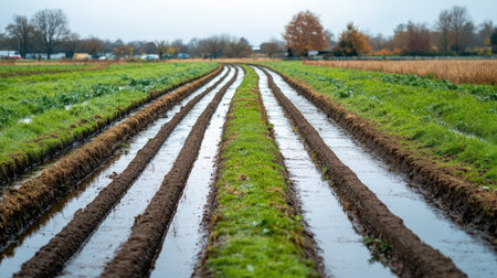 A tranquil agricultural landscape featuring muddy furrows filled with water, reflecting a serene countryside environment. Perfect for nature-themed projects.の素材