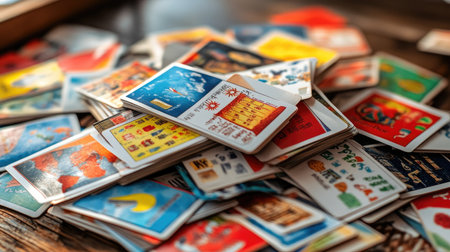 A vibrant collection of vintage playing cards stacked in a messy pile on a wooden table. This image captures the essence of nostalgia and fun in games.の素材
