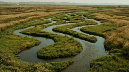 This captivating image showcases a serpentine river cutting through vibrant green marshland, embodying the beauty of untouched nature in a serene landscape.の素材