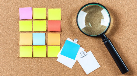 A detailed flat lay of a workspace featuring colorful sticky notes, a magnifying glass, and paper clips on a corkboard. Ideal for concepts of organization and creativity.の素材