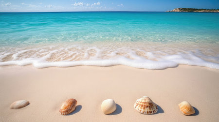 A peaceful beach scene featuring various seashells resting on soft white sand, with clear turquoise water lapping at the shore, perfect for relaxation and nature appreciation.の素材