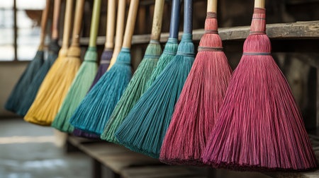 A captivating display of colorful brooms arranged on a wooden shelf, showcasing a mix of vibrant bristles. Ideal for themes of cleaning or rustic decor.の素材