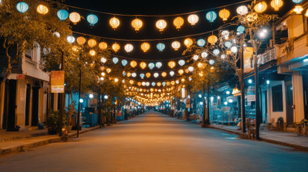 This captivating night scene showcases an empty street adorned with colorful lanterns, creating a serene and inviting atmosphere perfect for leisurely strolls.の素材