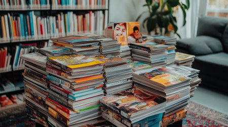 A vibrant collection of stacked magazines creates a dynamic display in a modern library. The setting invites readers to explore diverse topics and enjoy a comfortable space.の素材