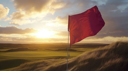 A striking red flag marks the hole on a golf course, set against a breathtaking sunset. The vibrant sky and rolling landscape evoke a sense of tranquility and leisure.の素材