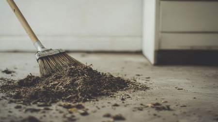 A broom rests on a dirty floor, capturing the essence of indoor cleaning. Dust and debris await removal in this domestic scene. Perfect for housekeeping themes.の素材