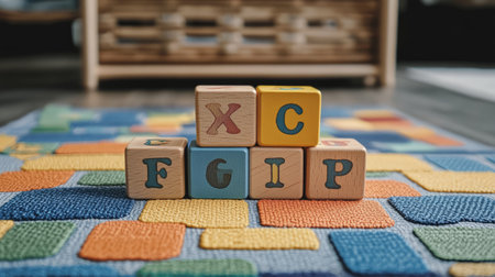 A vibrant setup featuring colorful wooden alphabet blocks arranged on a textured play mat. Perfect for stimulating a child's imagination and learning.の素材