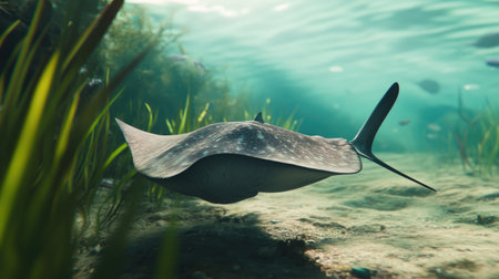 Capture the tranquility of a manta ray gliding gracefully through an underwater habitat, showcasing the beauty of marine life in a serene ocean environment.の素材