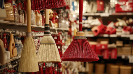 A vibrant display of colorful cleaning tools, including brooms in various styles, showcases a neat and organized home improvement store interior filled with useful household supplies.の素材