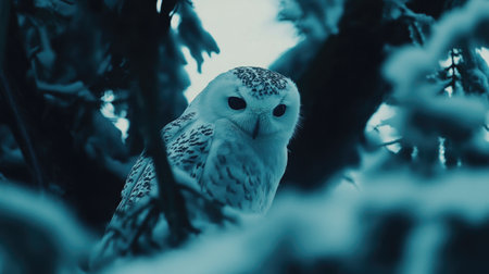 A majestic snowy owl perches quietly on a snow-covered branch in a serene winter landscape, showcasing its striking features and calm demeanor amidst the cold.の素材