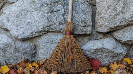 A traditional broom leans against a textured stone wall, surrounded by vibrant autumn leaves in shades of yellow, orange, and red, creating a rustic and seasonal ambiance.の素材